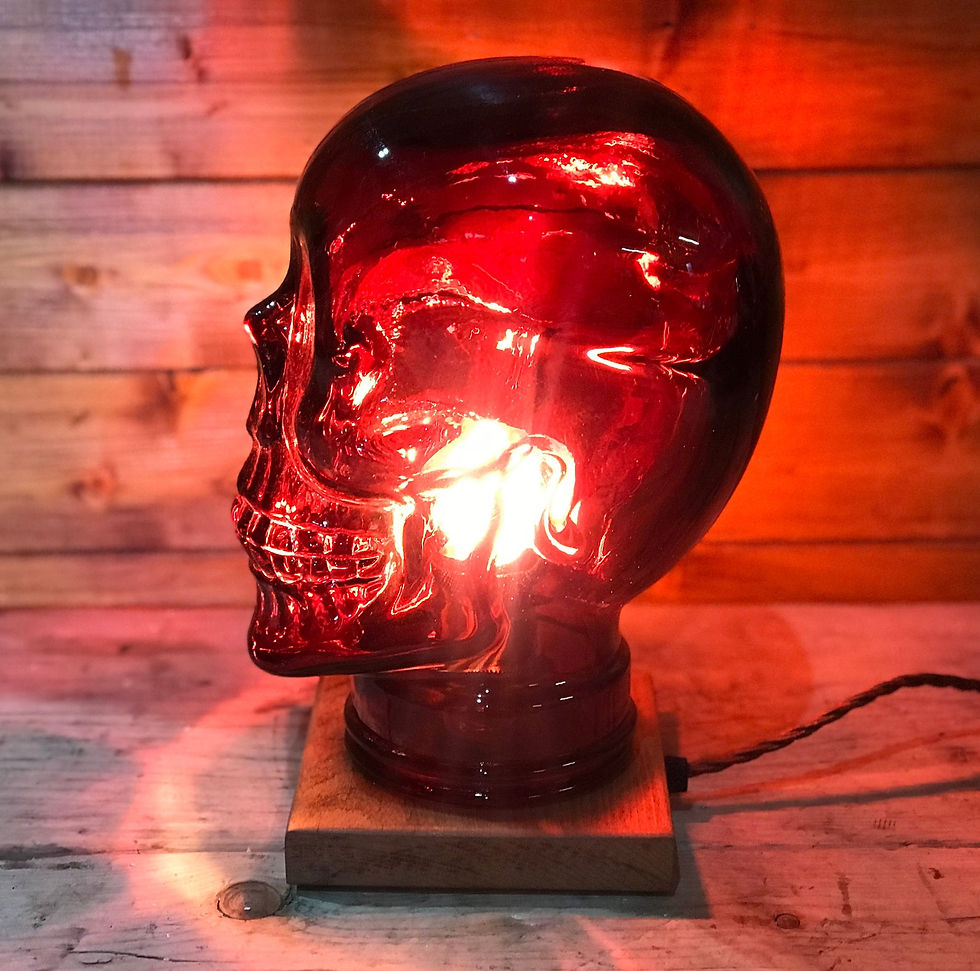 Thumbnail: Blood Red Skull Table / Desk Lamp, English Oak Base, Edison, Retro, Steampunk, H