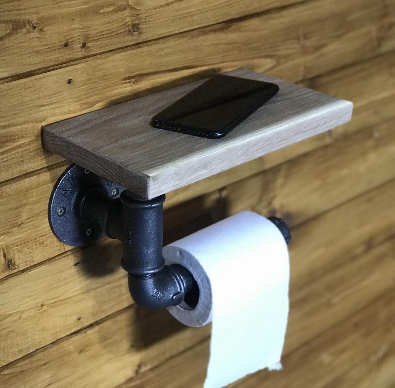 Urban Industrial Toilet Roll Holder With Shelf, Steampunk, Metal, Bathroom