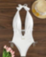 White halter one-piece swimsuit with a deep neckline.