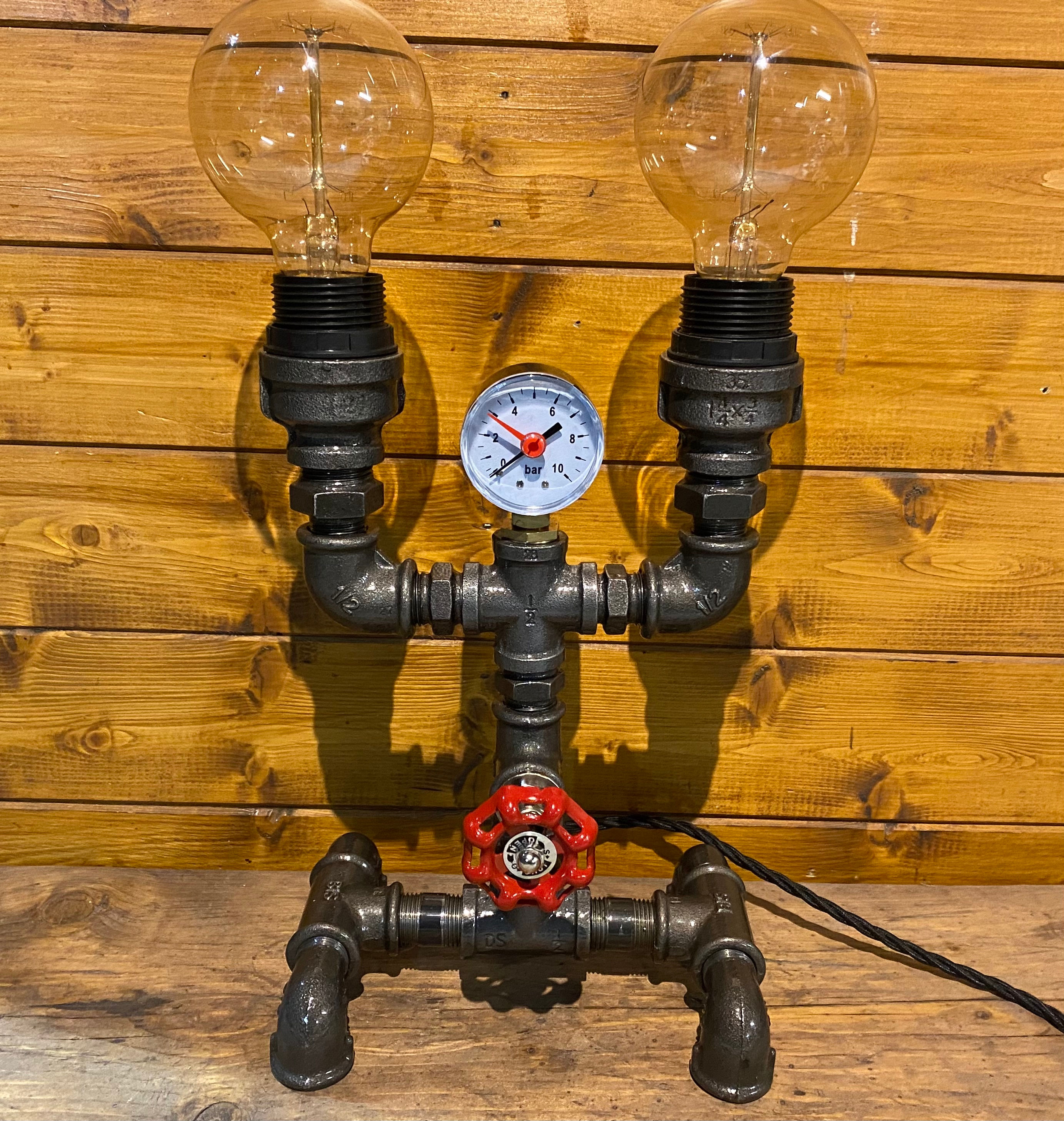 Industrial Dual Bulb Lamp, Upcycled Steampunk, Pressure Gauge Edison Globe Bulbs