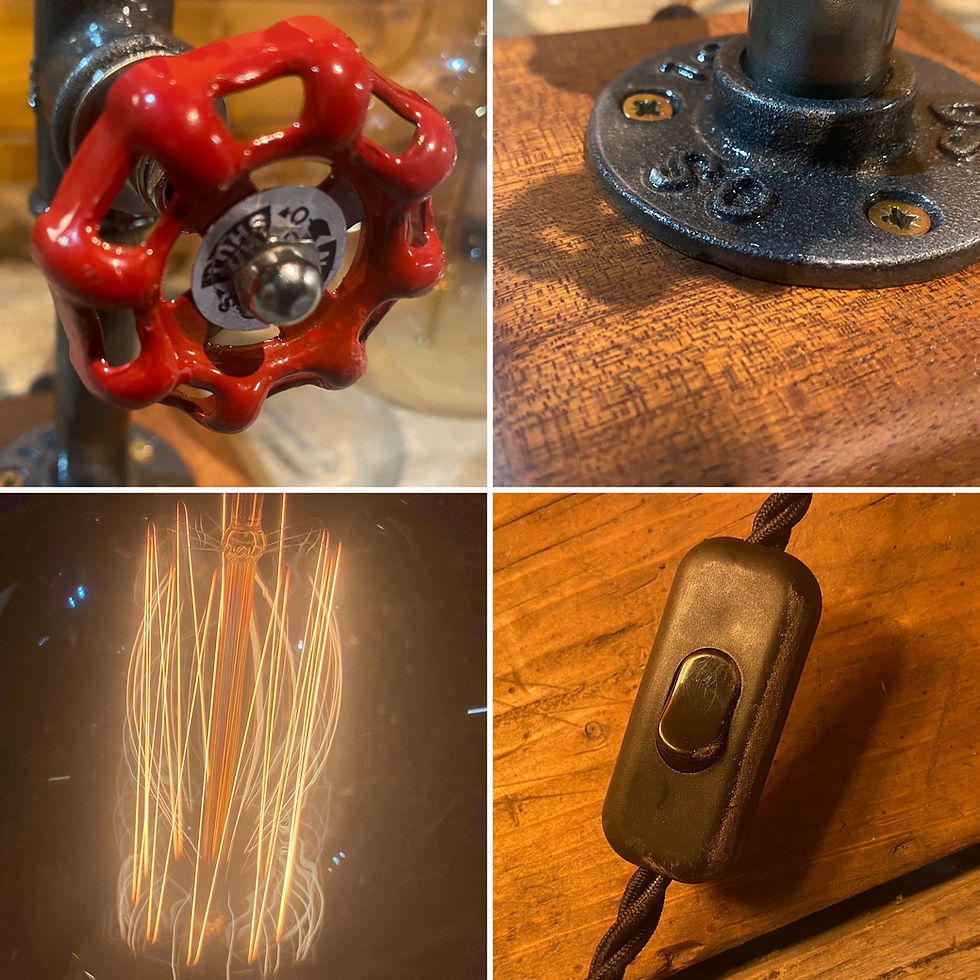 Thumbnail: Industrial Lamp, Upcycled Steampunk, Retro, Hardwood Base, with Bulb and Switch