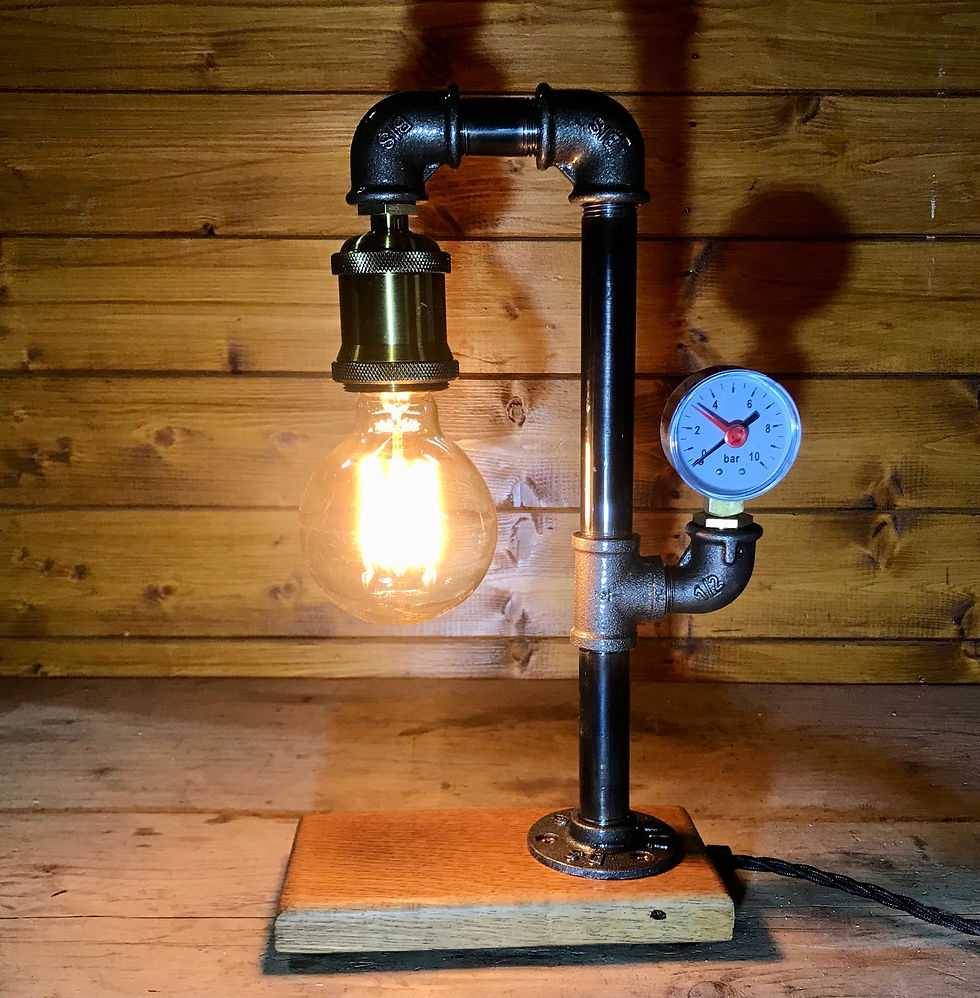 Thumbnail: Industrial Table Lamp With Gauge, Bedside Lamp, Oak Base, Upcycled Steampunk