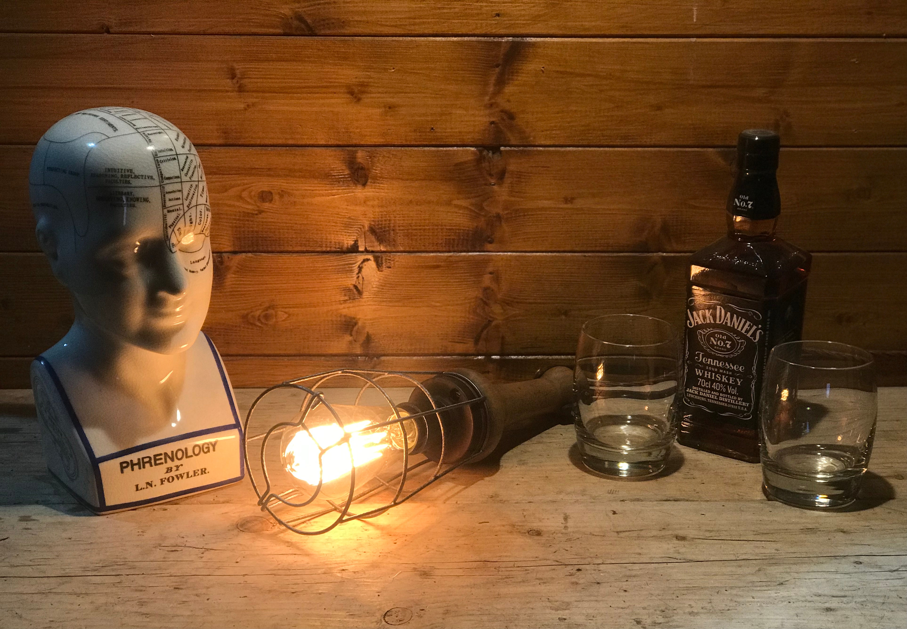 Rare Early 20th Century Vintage Wooden Handled Inspection Lamp, Industrial