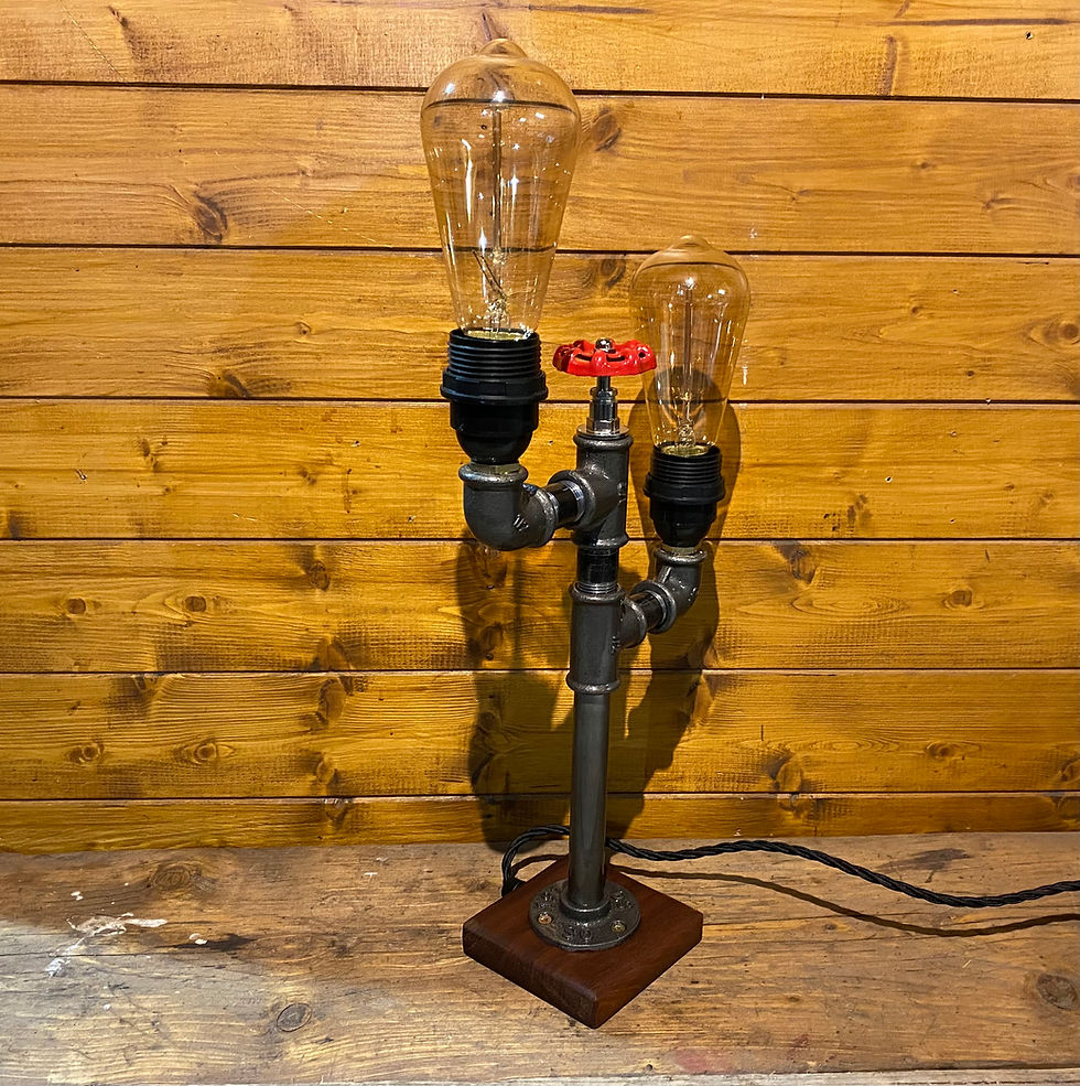 Thumbnail: Industrial Table Lamp, Steampunk, Retro, Dual Edison Bulb, Mahogany Base