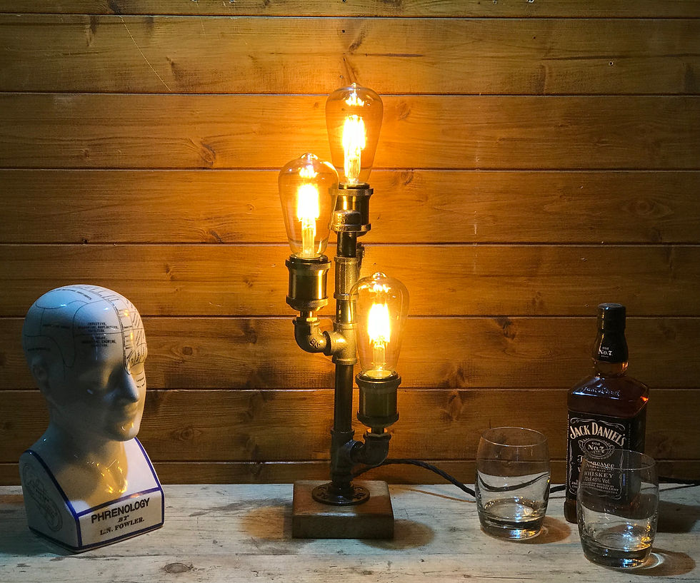 Industrial Table Lamp, Upcycled Steampunk, Retro, Triple Edison Bulb, Oak Base,