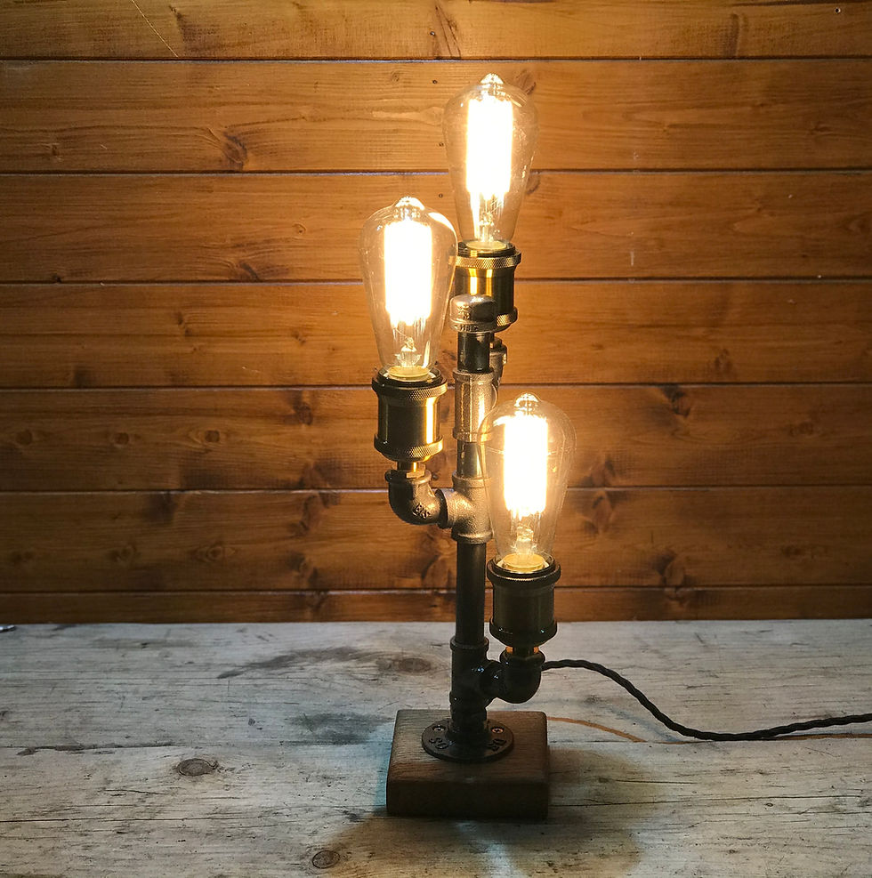 Thumbnail: Industrial Table Lamp, Upcycled Steampunk, Retro, Triple Edison Bulb, Oak Base,