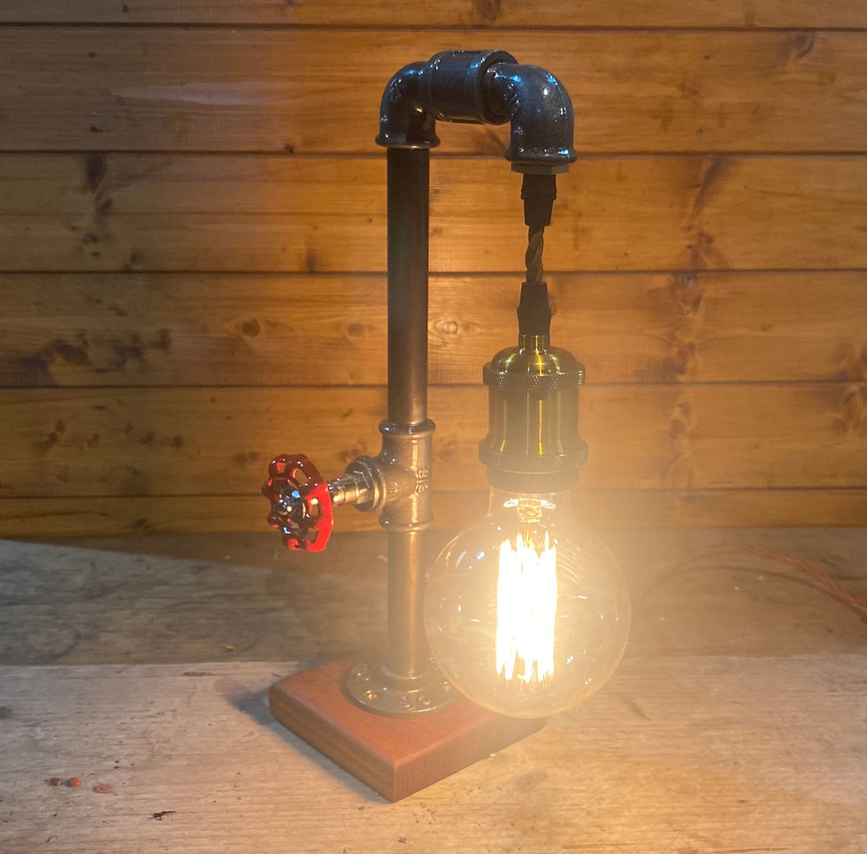 Thumbnail: Industrial Lamp, Upcycled Steampunk, Retro, Hardwood Base, with Bulb and Switch