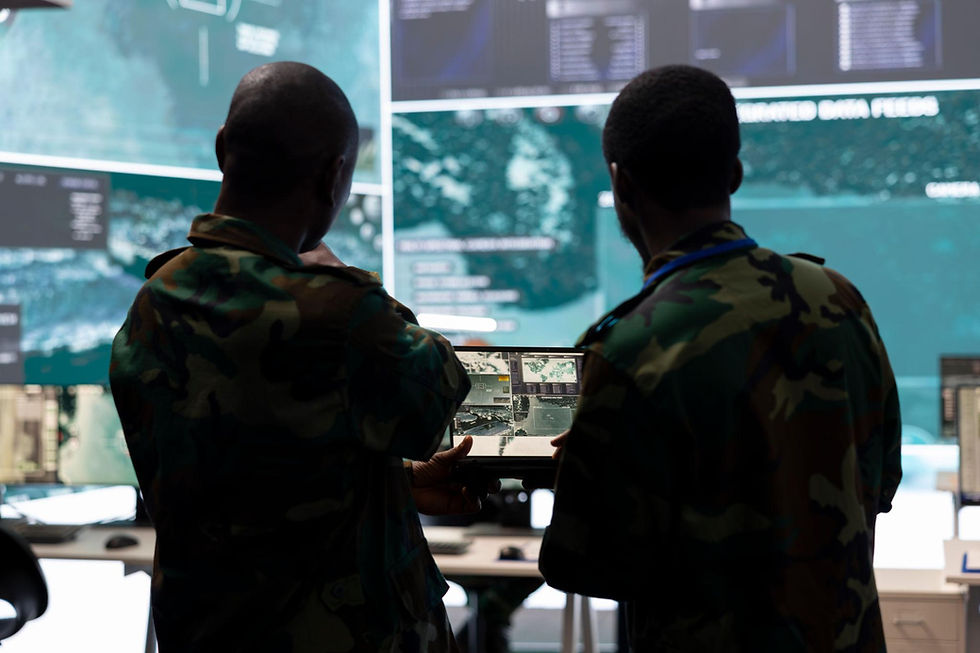 Military intelligence analysts monitoring cyber operations and strategic surveillance in a modern intelligence command center, representing Grey Zone warfare and Russian security architecture.