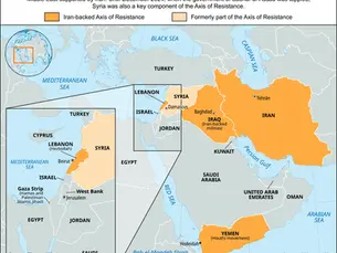 Map of Iran’s regional influence network in the Middle East illustrating strategic alliances and proxy actors