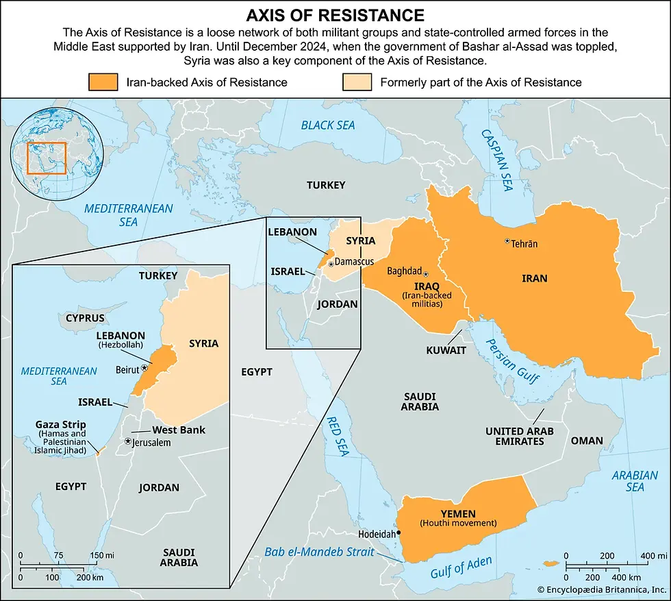 Map of Iran’s regional influence network in the Middle East illustrating strategic alliances and proxy actors