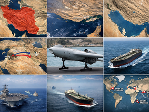 Iran US conflict map with military drone, oil shipping routes and global chokepoints such as Strait of Hormuz, Suez Canal and Malacca Strait