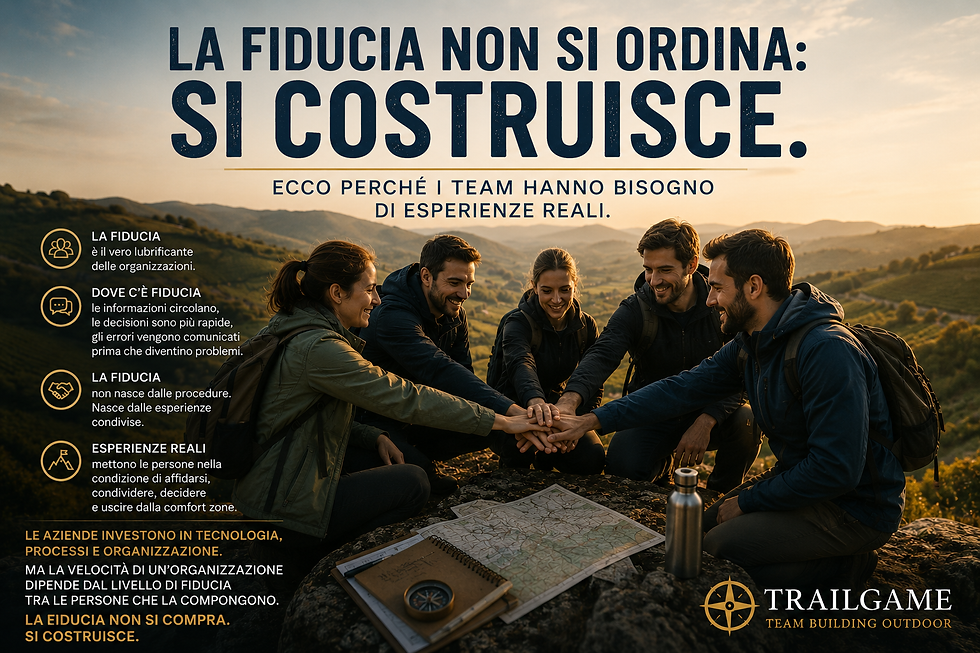 Partecipanti a un TrailGame nelle colline del Monferrato collaborano durante un'attività di team building outdoor dedicata a fiducia, comunicazione e lavoro di squadra.