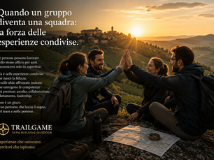 Partecipanti a un TrailGame tra le colline del Monferrato durante un'attività di team building outdoor che rafforza fiducia, collaborazione e spirito di squadra.