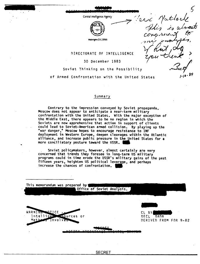 Declassified 1983 CIA document with handwritten notes, symbolizing internal intelligence narratives and Cold War analytic frameworks.
