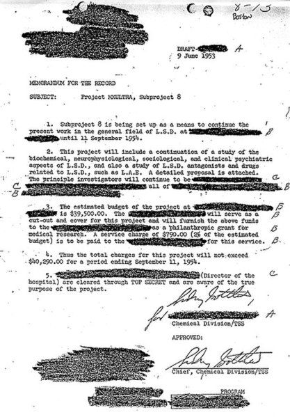 Documento originale CIA MK-Ultra con riferimento all’LSD – esperimenti di controllo mentale e guerra psicologica durante la Guerra Fredda, analizzati da Adelio Debenedetti nel blog Archivio 211 – Il Protocollo Naacal.
