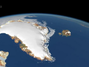 Satellite image showing melting ice and retreating glaciers across Greenland.