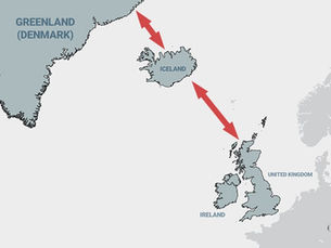 Map showing the GIUK Gap between Greenland, Iceland and the United Kingdom, highlighting the main North Atlantic naval and submarine transit corridor.