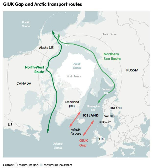 Strategic map of the GIUK Gap showing Arctic maritime routes and North Atlantic security corridors