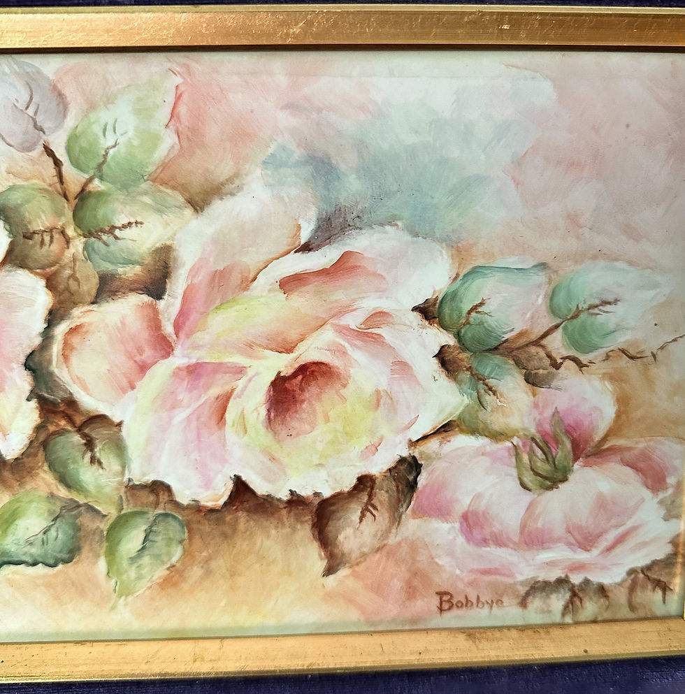 Thumbnail: Painted Floral Porcelain Tile with Gold and Blue Velvet Frame
