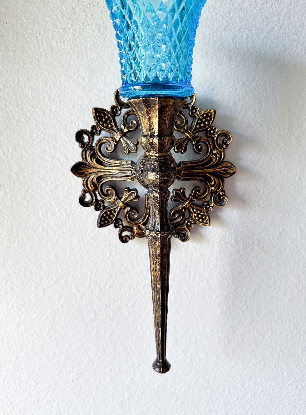 Thumbnail: Pair Mediterranean Black and Gold Wall Sconces with Turquoise Votive Cups
