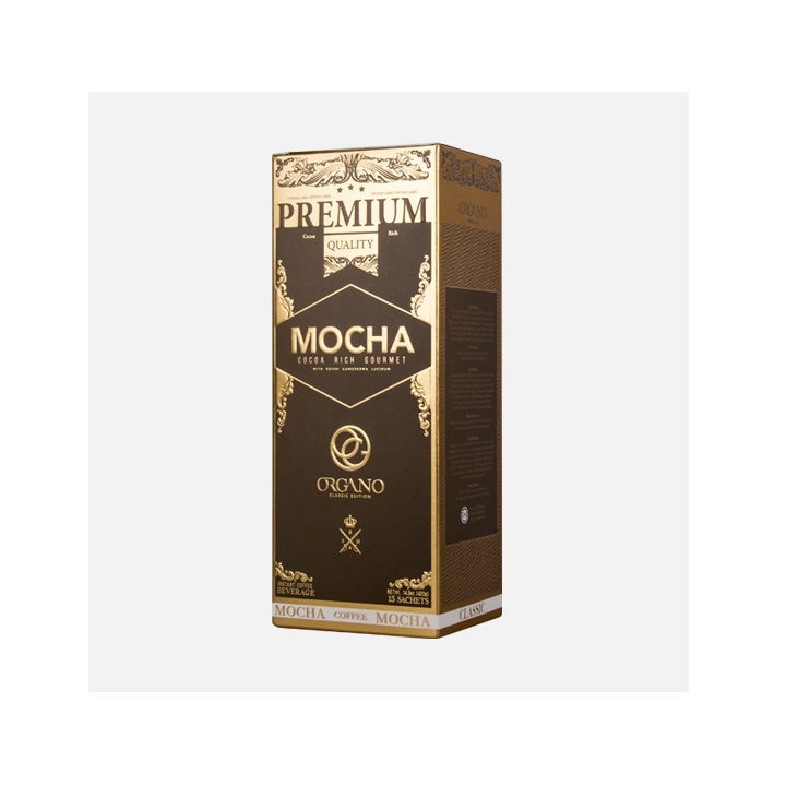 Indulge in the rich and luxurious taste of Organo's Premium Mocha, a gourmet blend offering a perfect harmony of cocoa and coffee.
