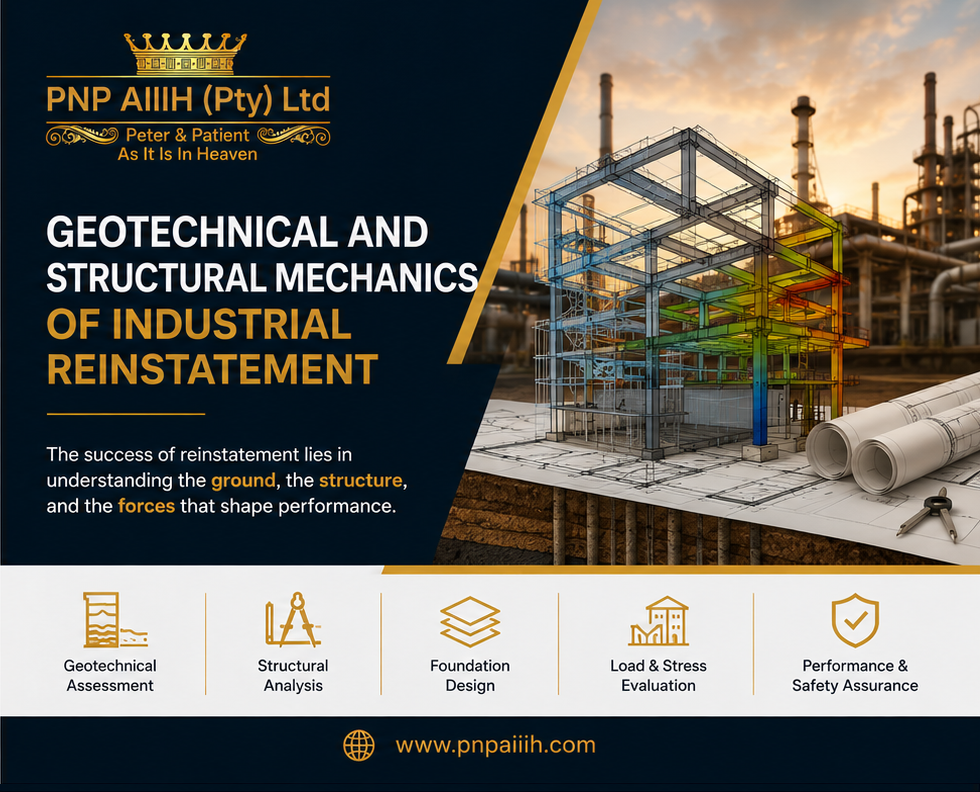 Geotechnical and structural mechanics expertise for industrial reinstatement by PNP AIIIH (Pty) Ltd, focusing on comprehensive assessments, foundation design, and performance assurance.