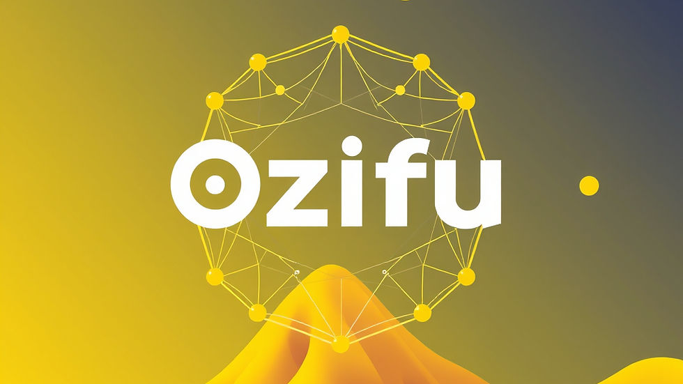 Digital financial innovation meets futuristic design in the Ozifu logo, set against a gradient backdrop of yellow and blue, featuring interconnected nodes and digital coin stacks.