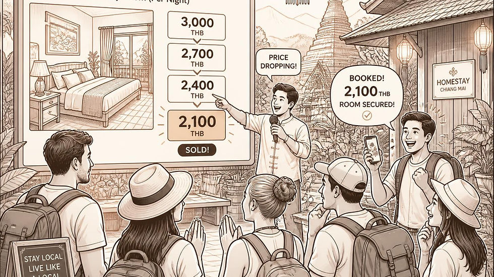 Tour guide auctions a Chiang Mai homestay room; tourists with backpacks watch as price drops to 2,100 THB, BOOKED!
