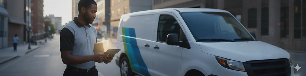 Delivery driver checking tablet beside white van on city street.