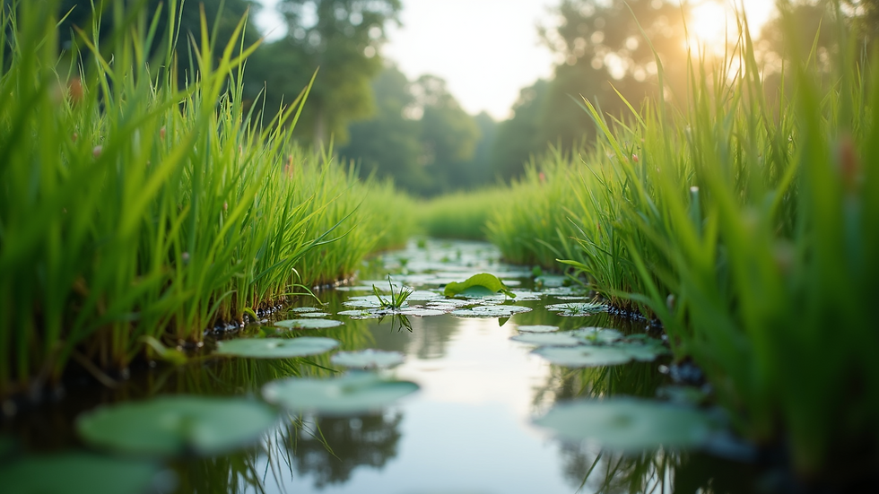 Eye-level view of a constructed wetland with lush vegetation