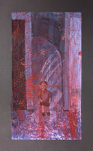 Abstract painting of a person standing in a dark, textured red and purple scene. The background has layered patterns and a somber mood.