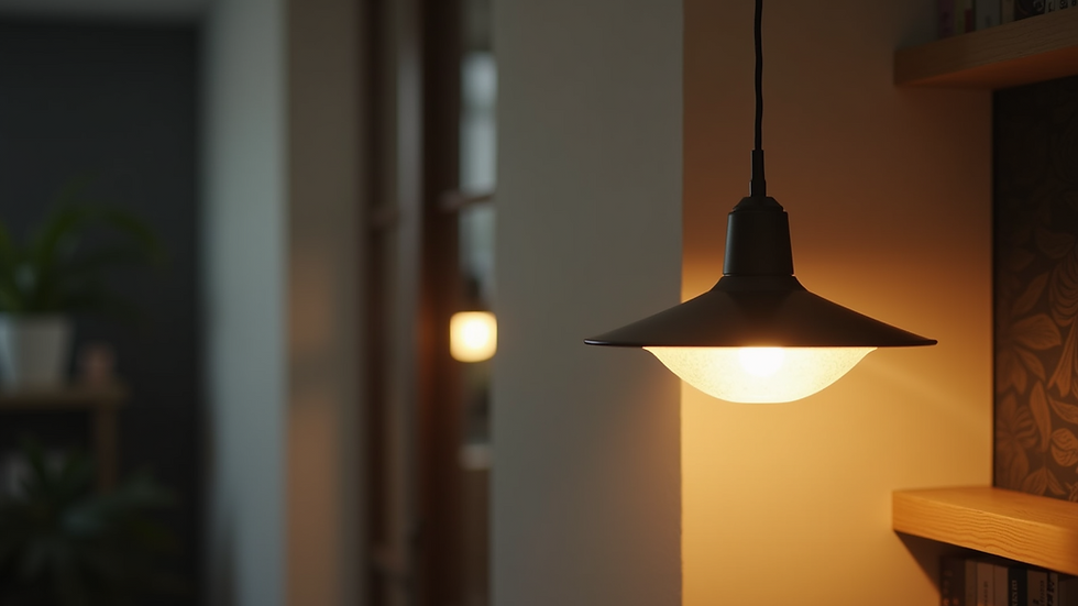 Close-up view of a modern LED light fixture illuminating a cozy room