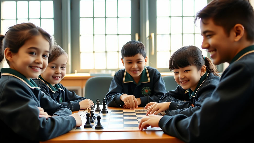 A group of four engaged in a chess game at a wooden table under warm light. Two girls smile as they play, creating a cozy and focused atmosphere.