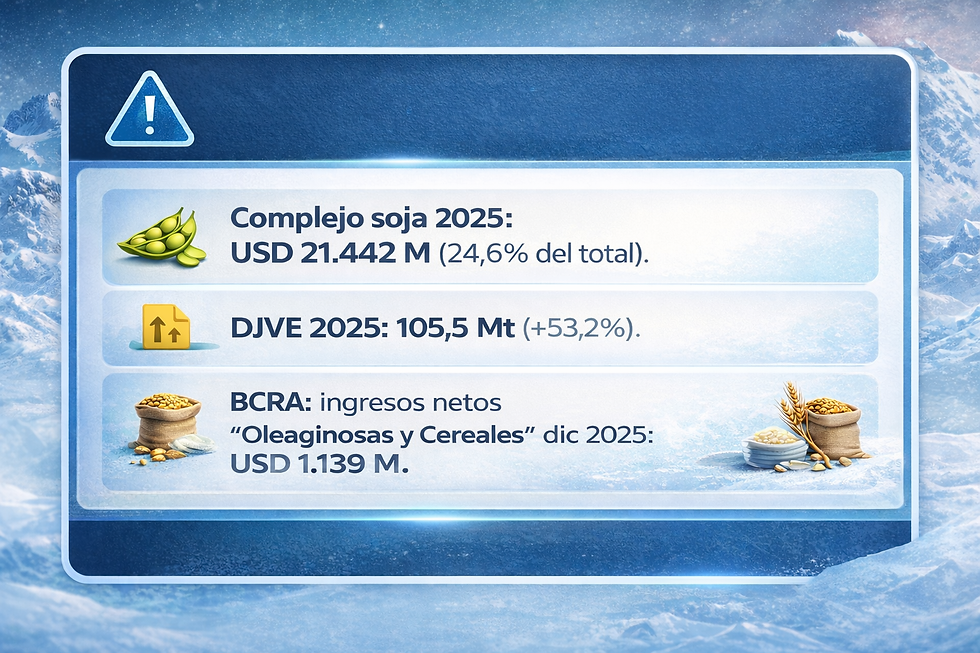 Texto sobre fondo azul con datos económicos de soja 2025: USD 21.442 M, DJVE 2025: 105,5 Mt, BCRA ingresos: USD 1.139 M. Iconos de soja.
