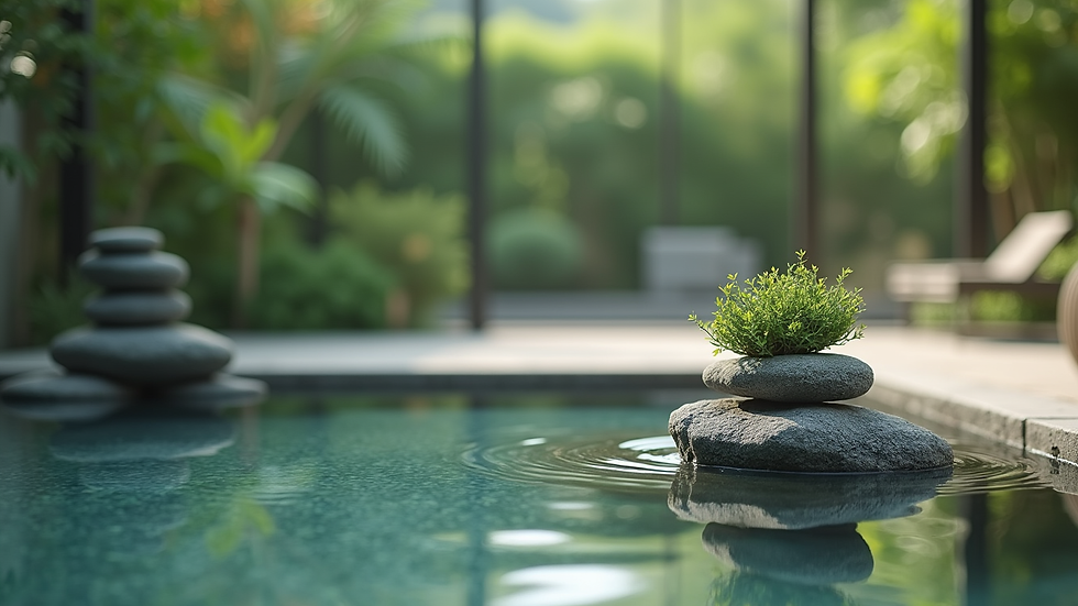 Vue en plongée d'une pièce zen avec des pierres naturelles et une plante verte