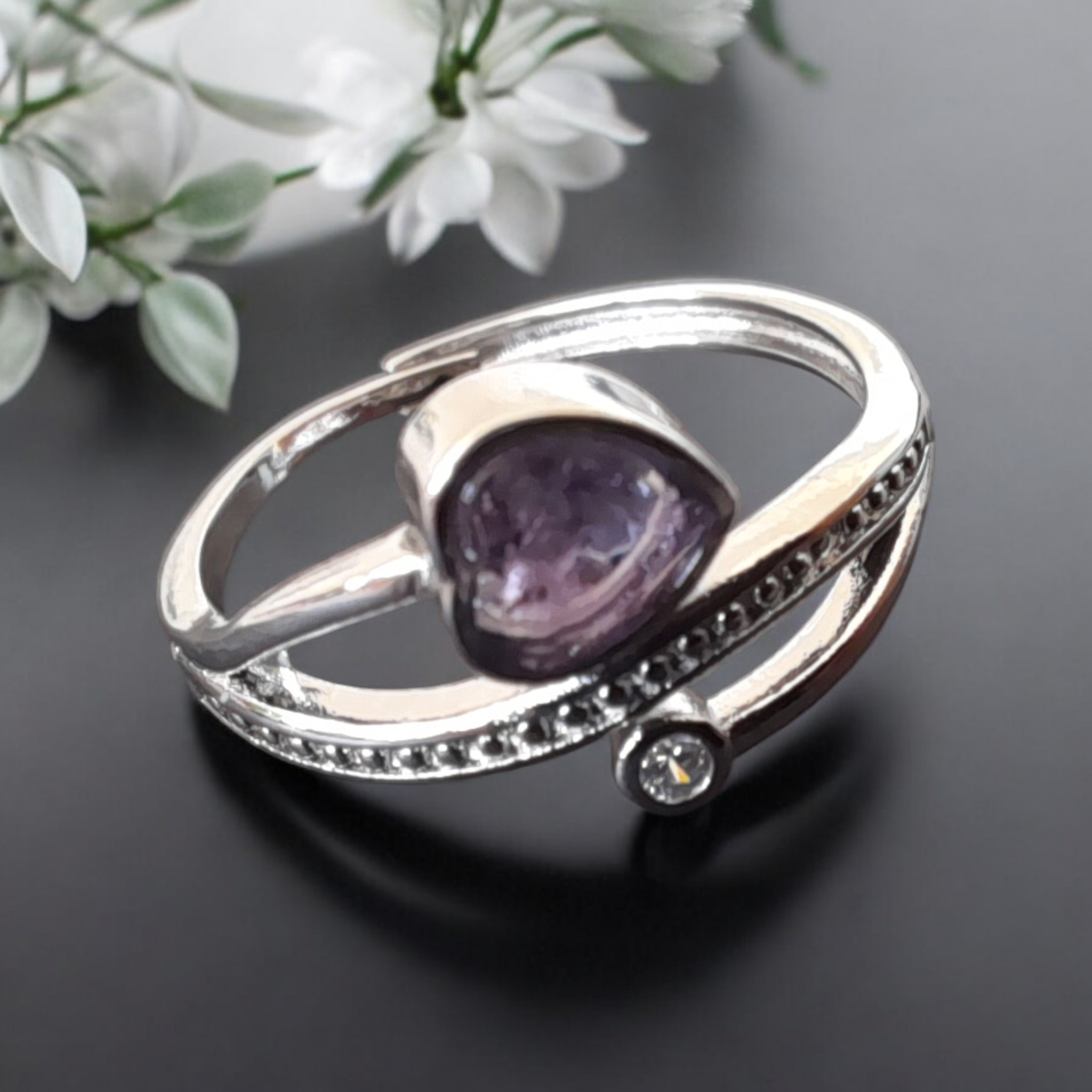 Bague en Cuivre Blanc Ajustable Cœur Facetté Amethyste AA