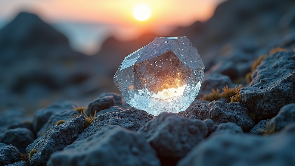 Vue rapprochée d’une géode de cristal de roche pure illuminée par la lumière naturelle