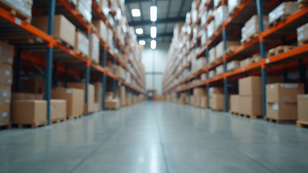 Eye-level view of a modern e-commerce warehouse filled with products