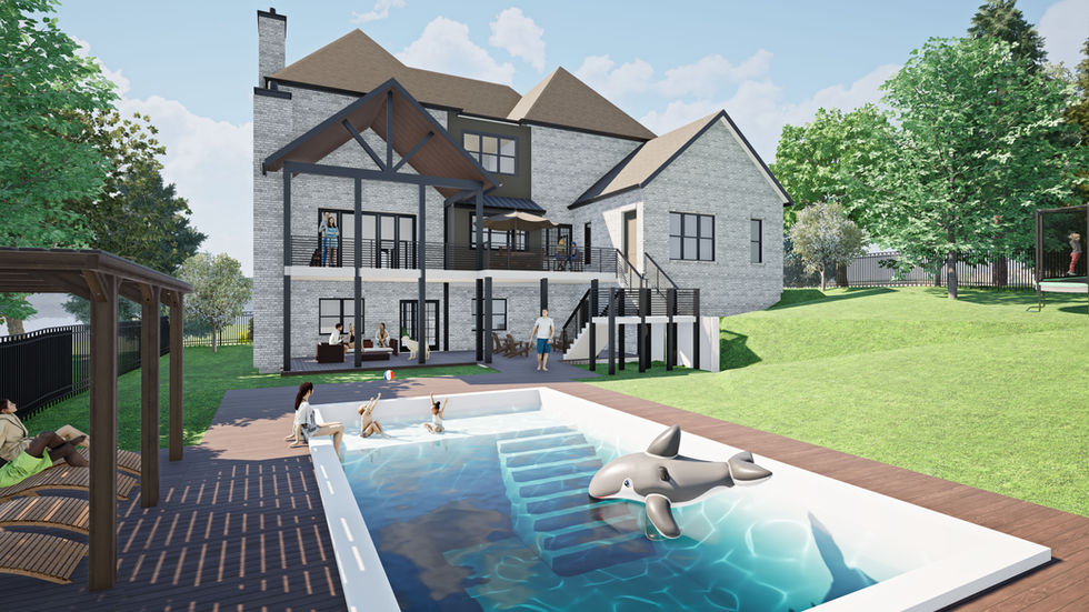 Rear exterior rendering of a custom home in Smyrna, GA, showing a modern brick design with large windows, covered patios, and an elevated deck overlooking a backyard pool with a lounge area and pergola.