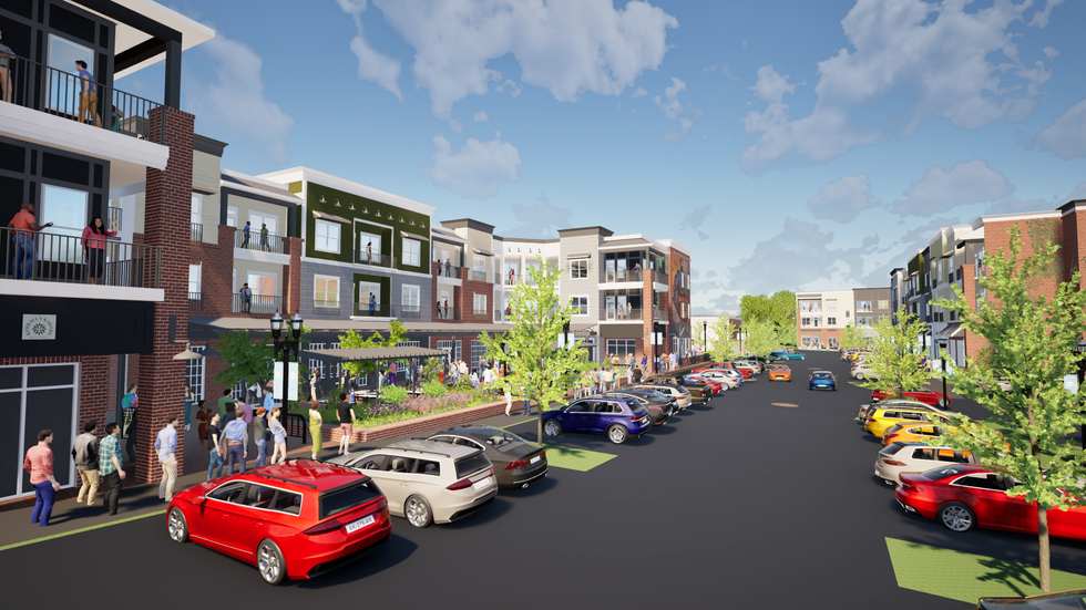 Architectural rendering of a vibrant mixed-use development in Pendergrass, GA featuring modern apartments above retail spaces, landscaped pedestrian plaza, outdoor community gathering areas,  street level storefronts, balconies, and walkable urban design with parking and tree-lined streets. 
