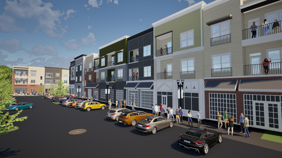 Modern mixed-use development rendering in Pendergrass, GA featuring contemporary apartment buildings with ground-floor retail storefronts, pedestrian-friendly streetscape, balconies, outdoor gathering spaces, and on-site parking in a vibrant walkable community setting. 