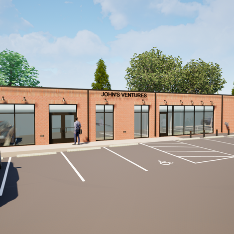 Architectural rendering of a modern office building renovation in Smyrna, Georgia, featuring brick exterior, large storefront windows, an updated entrance, and accessible parking.
