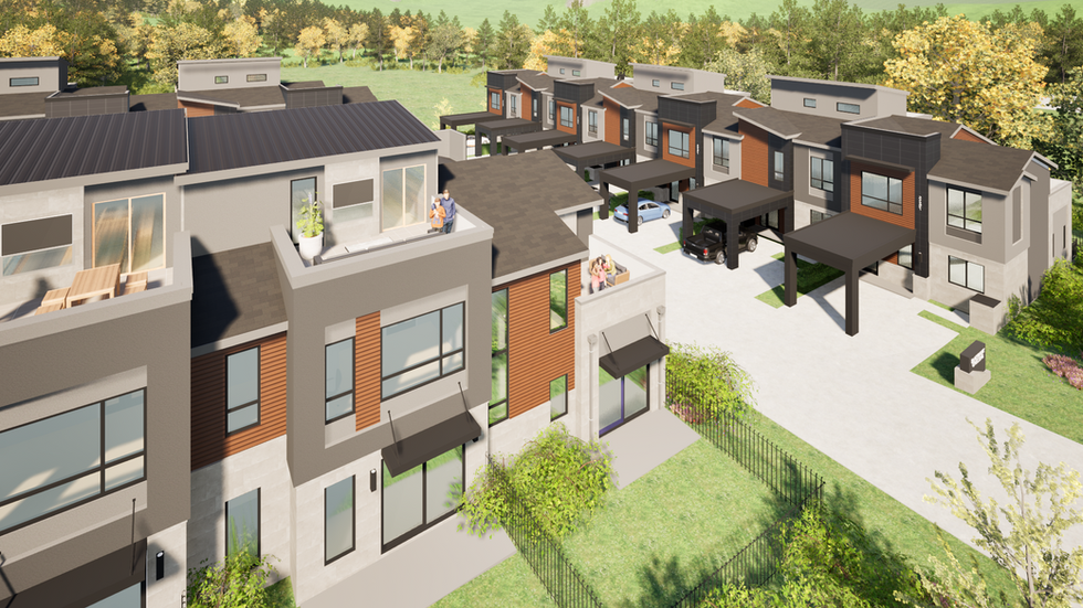 Aerial rendering of a modern North Georgia townhome community featuring three-story residences with mixed stone and wood exteriors, rooftop terraces and private balconies, covered carport parking, landscaped courtyards, and tree-lined surroundings. 