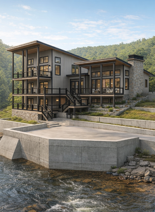 Architectural rendering of Tranquil Acres, a modern mountain home addition in Blue Ridge, GA, featuring expansive windows, stone accents, outdoor living spaces, and a waterfront setting.
