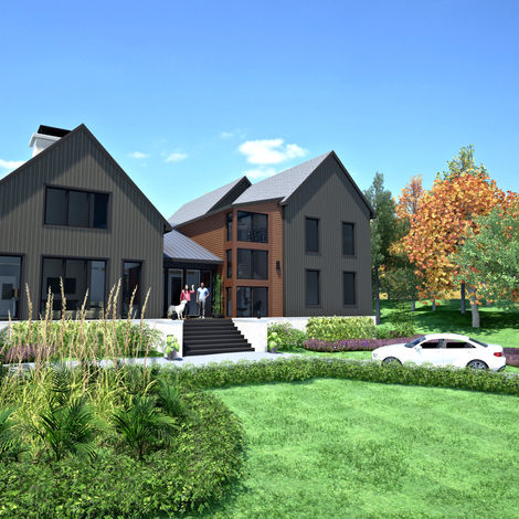 Modern style home exterior with dark vertical siding, large windows, and central glass entry, surrounded by landscaped greenery and autumn trees, featuring a front porch, steps, and driveway with parked cars in a suburban setting.