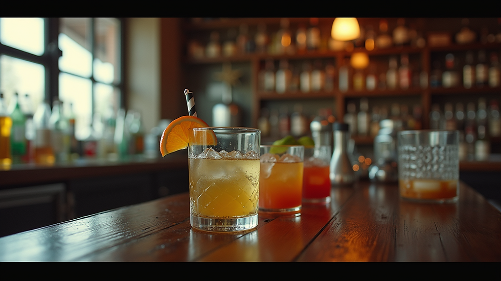 Eye-level view of a vintage bar with unique drink options