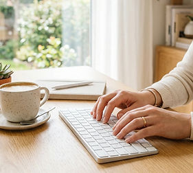 a womans hands typing on a keyboard. desk with coffee cup. light and white.jpg