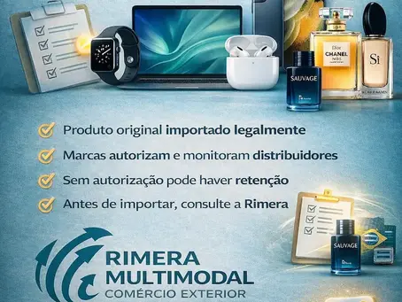 Imagem sobre importação de marcas mostrando produtos originais e alerta de que a liberação depende de autorização do titular da marca, não apenas da Receita Federal.