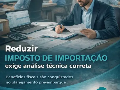 Despachante aduaneiro analisando documentos em escritório, representando a gestão de riscos técnicos na importação e na exportação.