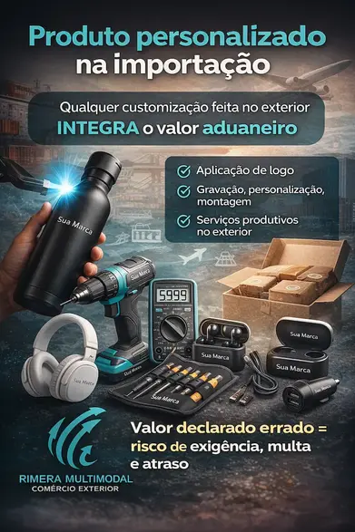 Valor aduaneiro na importação: produtos personalizados com logo, montagem e serviços no exterior que impactam impostos e podem gerar multa e atraso na liberação aduaneira.